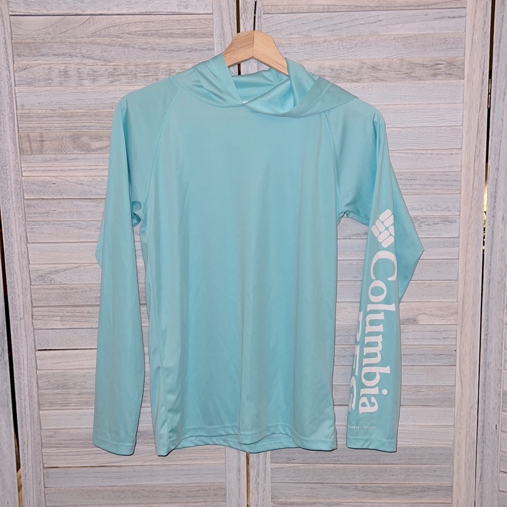 Columbia Girls PFG Hooded Sunblocking Shirt Large 14-16 Light Blue